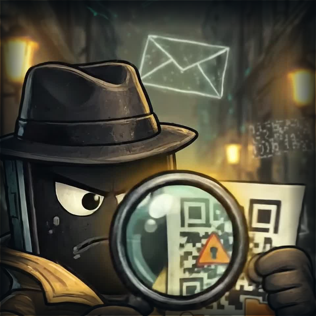 The Inbox Detective holding a magnifying glass over a suspicious QR code